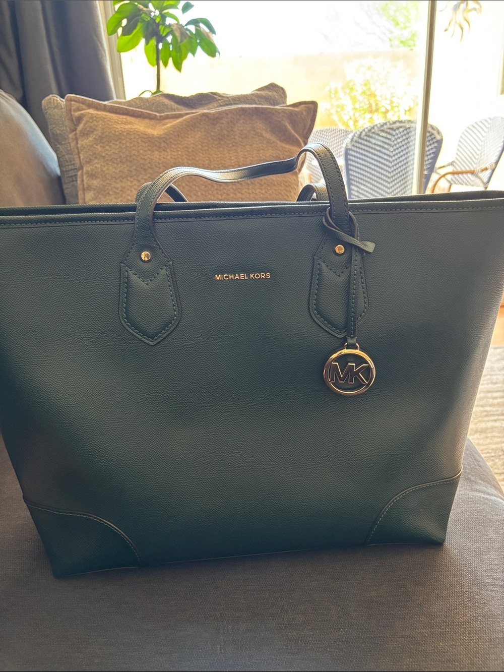 Michael Kors Dark Green Saffiano Leather Tote with MK Charm